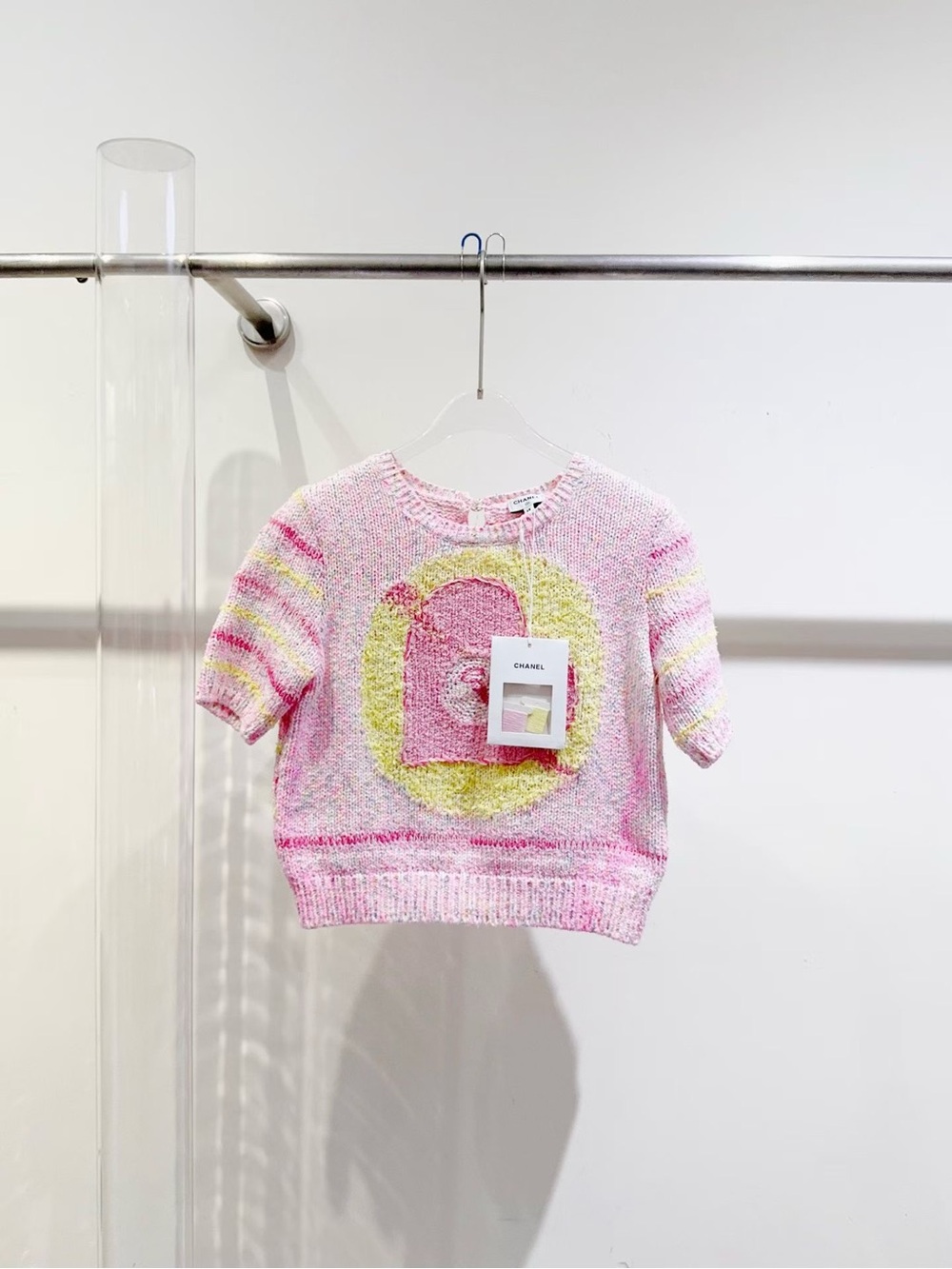 CHANEL Pink and Yellow Short-Sleeve Knit Sweater Top